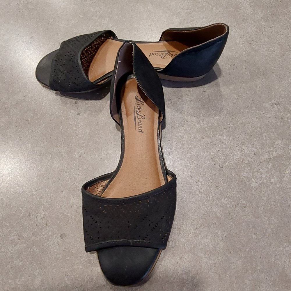 LUCKY BRAND Leather Laser-Cut Open Toe Sandals - Black - Size 7.5M